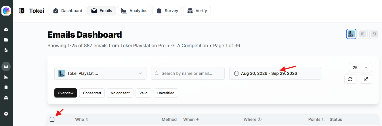 Emails dashboard table header with the Select All checkbox highlighted