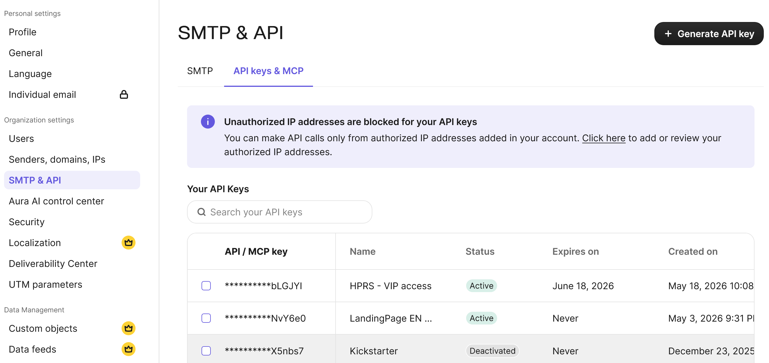 Brevo dashboard showing where to find the API key under Settings -> SMTP & API -> API Keys